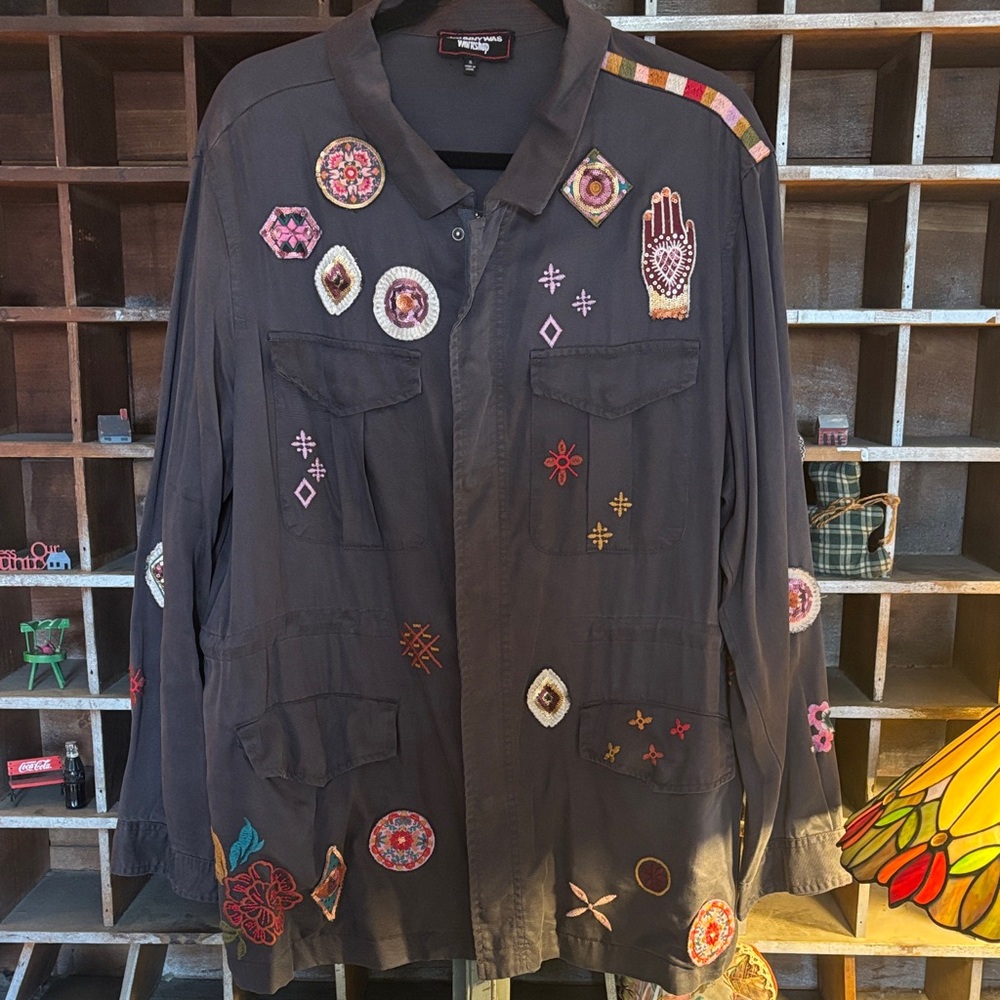 Johnny Was Embroidered Gray Jacket with Colorful Patches